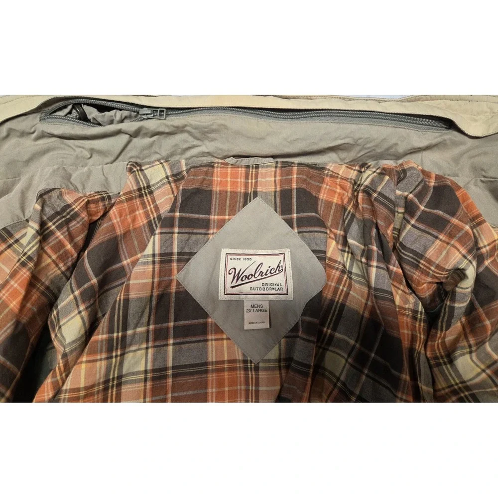Vtg Woolrich Jacket Mens 2XL Tall Tan Zip Lined Chore Coat Jacket Hood